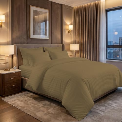 LINENWALAS Cotton 300 TC Fitted Bed Sheet for Queen Bed | Signature 2 CM Sateen Stripe Design | All-Around Elastic for 4–8 Inch Mattresses | Luxury Hotel-Style Bedding (60 x 78, Mocha) - Image 2