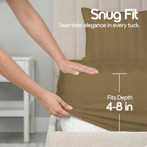 LINENWALAS Cotton 300 TC Fitted Bed Sheet for Queen Bed | Signature 2 CM Sateen Stripe Design | All-Around Elastic for 4–8 Inch Mattresses | Luxury Hotel-Style Bedding (60 x 78, Mocha) - Image 4