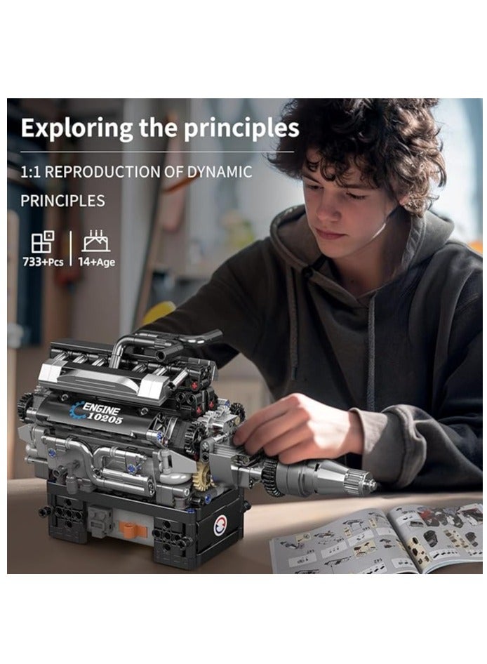 mould king V12 Engine Building Blocks Set, 10205 Engine Model That Runs, Mini Engine Build Kit for Adults with Battery Box and Motor, Engineering Construction STEM Toy for Children Boys Girl(733 Pcs)  - Image 5