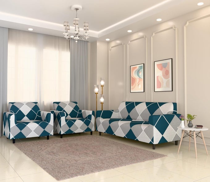 SOFA COVER 3 SEATER AND 2 SEATER FULLY COVERED UNIVERSAL 5 SEATER SOFA COVER NON-SLIP STICKY ELASTIC STRETCHABLE SOFA SET SLIPCOVER (BLUE RHOMBUS, FIVE SEATER (3+1+1) WITH 3 CUSHION COVER)