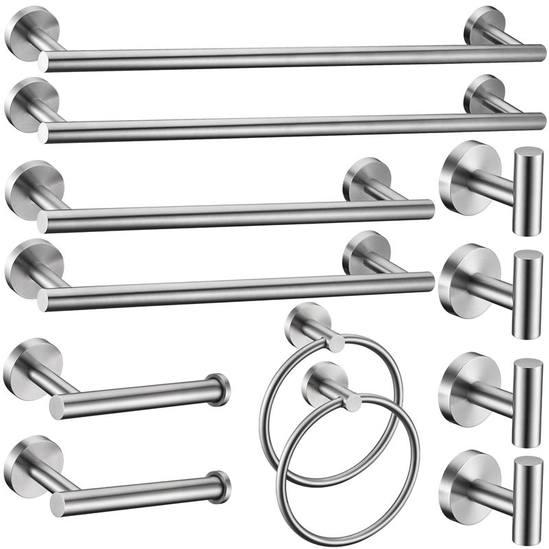 12 Pieces Brushed Nickel Bathroom Hardware Accessories Set Hand Towel Ring 16236 inch Round Towel Bar Silver Toilet Paper Holder Towel Hooks 4 Pieces SUS 304 Stainless SteelHeavy DutyWall Mounted