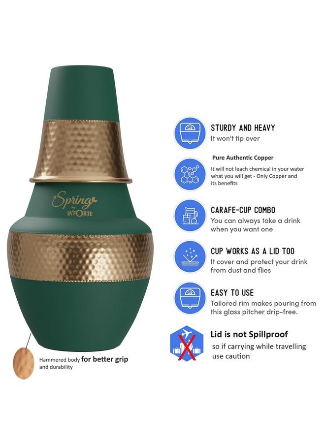 La' Forte Pure Copper Hammered Design Pitcher and Bedside Carafe, Lid can be Used as Glass for Drinking (1.4 LTR) Venus Jar Sea Green… - Image 4