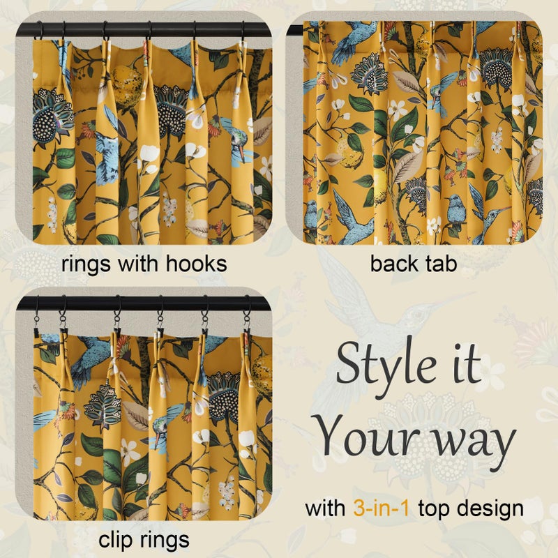 Drapenova Mustard Yellow Vintage Floral Curtains 84 Inches Long for Living Room Bedroom Luxury Whimsical Lemon Hummingbird Patterned Waverly Mid Century Colorful Pinch Pleated Blackout Drapes 2 Panels - Image 4