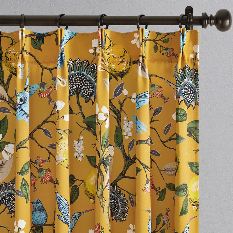 Drapenova Mustard Yellow Vintage Floral Curtains 84 Inches Long for Living Room Bedroom Luxury Whimsical Lemon Hummingbird Patterned Waverly Mid Century Colorful Pinch Pleated Blackout Drapes 2 Panels - Image 1