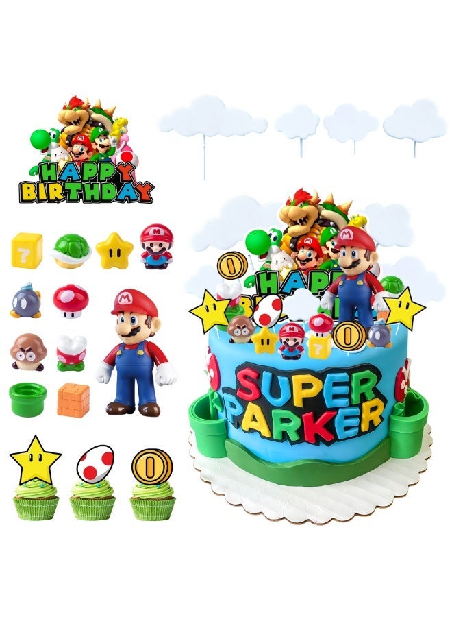 FRUITFUL PARTY 32pcs Mario Cake Decoration Set for Birthday Party – Super Mario Cake Decorations with Large Happy Birthday Topper, Cupcake Toppers, Cloud Picks & Mario Figure, Mario Bros. Party Supplies - Image 1