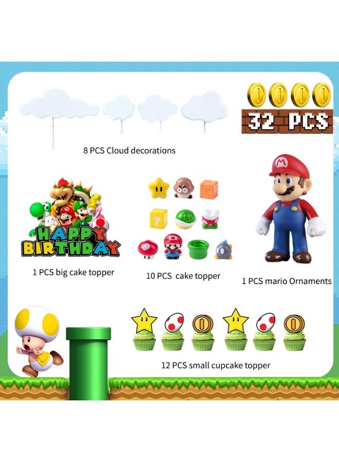 FRUITFUL PARTY 32pcs Mario Cake Decoration Set for Birthday Party – Super Mario Cake Decorations with Large Happy Birthday Topper, Cupcake Toppers, Cloud Picks & Mario Figure, Mario Bros. Party Supplies - Image 3