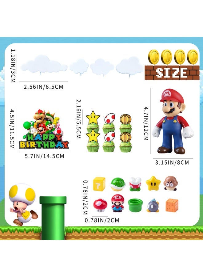 FRUITFUL PARTY 32pcs Mario Cake Decoration Set for Birthday Party – Super Mario Cake Decorations with Large Happy Birthday Topper, Cupcake Toppers, Cloud Picks & Mario Figure, Mario Bros. Party Supplies - Image 2