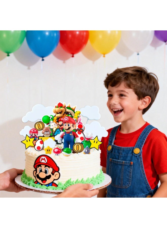 FRUITFUL PARTY 32pcs Mario Cake Decoration Set for Birthday Party – Super Mario Cake Decorations with Large Happy Birthday Topper, Cupcake Toppers, Cloud Picks & Mario Figure, Mario Bros. Party Supplies - Image 4