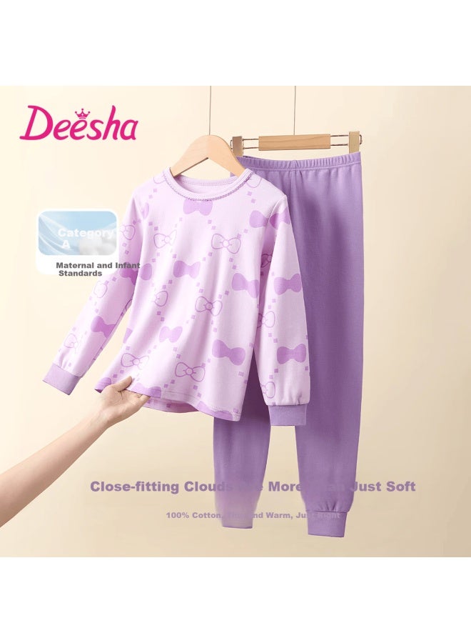 Deesha 7a Antibacterial 40s Tight-spun Girls' Pure Cotton Crew Neck Thermal Underwear Set For Older Children