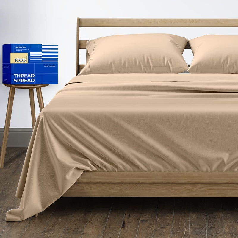 THREAD SPREAD Egyptian Queen Size Cotton Bed Sheets Set (Queen  1000 Thread Count) Taupe Bedding Pillow Cases (4 PC) Egyptian Cotton Sheets Queen Size Bed- Sateen Sheets - 16 in Deep Pocket Sheets - Image 1