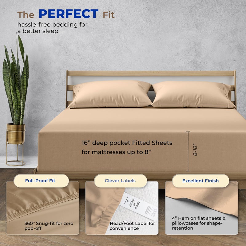 THREAD SPREAD Egyptian Queen Size Cotton Bed Sheets Set (Queen  1000 Thread Count) Taupe Bedding Pillow Cases (4 PC) Egyptian Cotton Sheets Queen Size Bed- Sateen Sheets - 16 in Deep Pocket Sheets - Image 4