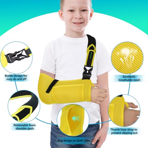 KONSEDIK Arm Sling for Kids Adjustable Breathable Shoulder Immobilizer with PocketsSupports Rotator Cuff InjuryWristElbowClavicle Fracture RecoveryPostSurgery Sling for Left or Right ArmYellowSmall - Image 5