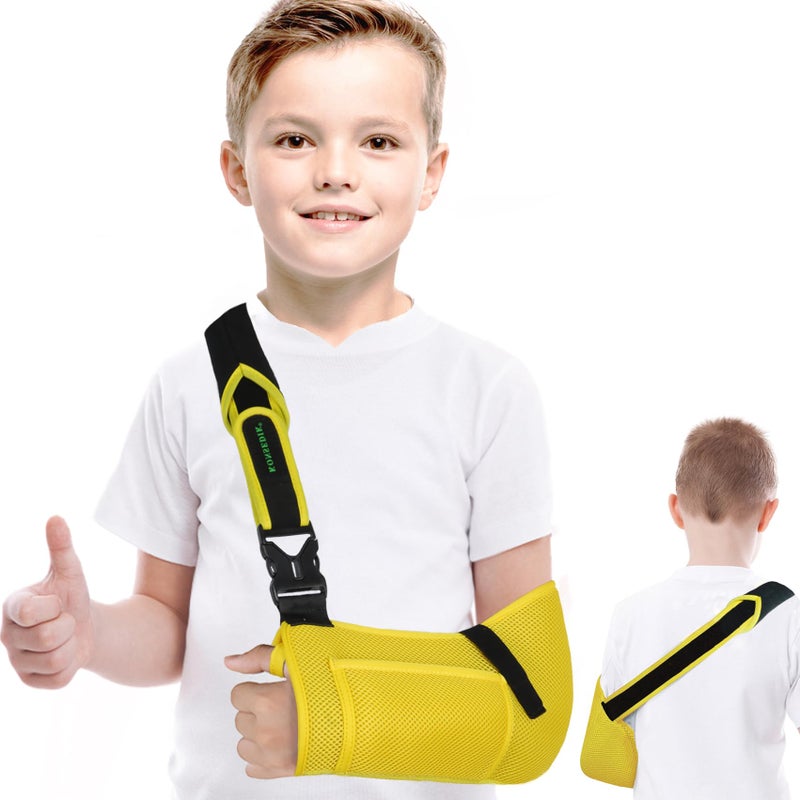 KONSEDIK Arm Sling for Kids Adjustable Breathable Shoulder Immobilizer with PocketsSupports Rotator Cuff InjuryWristElbowClavicle Fracture RecoveryPostSurgery Sling for Left or Right ArmYellowSmall - Image 3