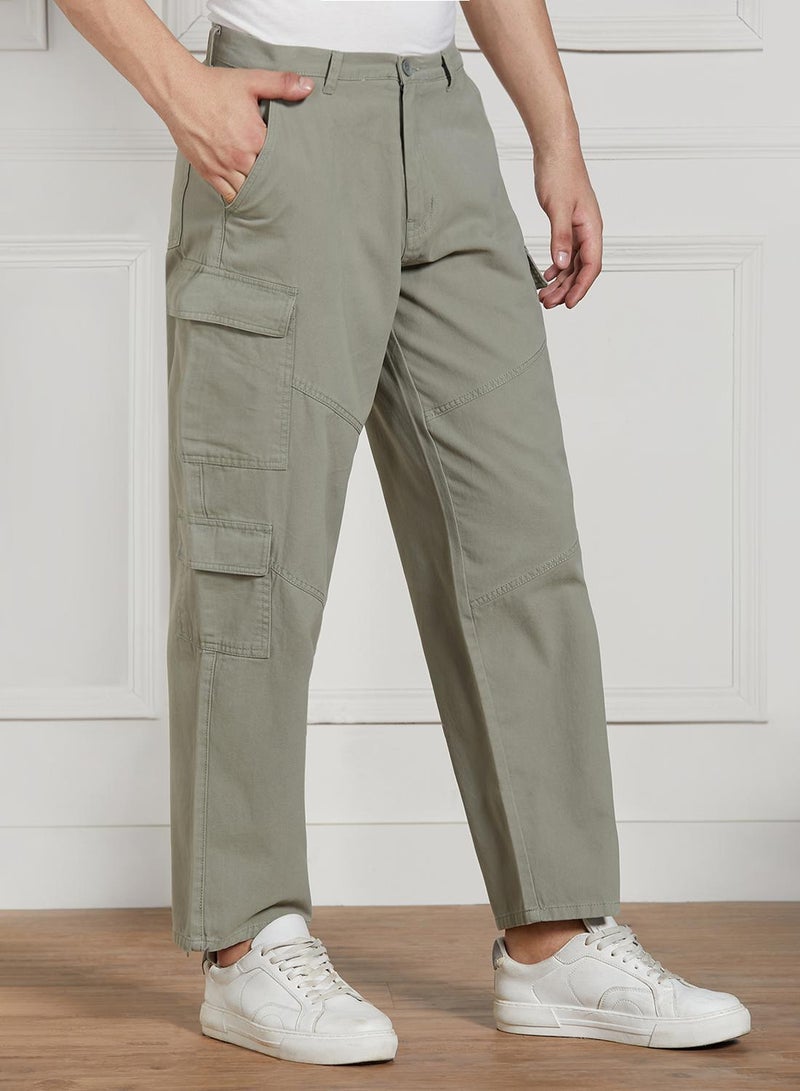 Dennis Lingo Men's Sage Green Cotton Blend Solid Full Length Cargo Trouser - Image 2