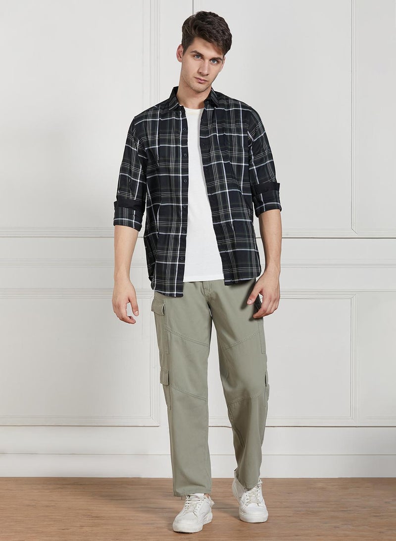 Dennis Lingo Men's Sage Green Cotton Blend Solid Full Length Cargo Trouser - Image 1