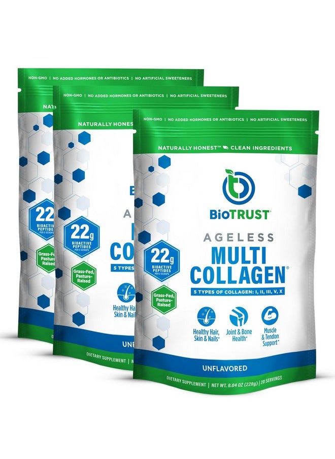 BioTrust BioTrust Ageless Multi Collagen Peptides Powder - 5 Types (I, II, III, V, X) - Unflavored Collagen Powder for Women & Men - Hydrolyzed Protein - Grass Fed Beef, Fish, Chicken, Eggshell Membrane, 3-pk  - Image 1