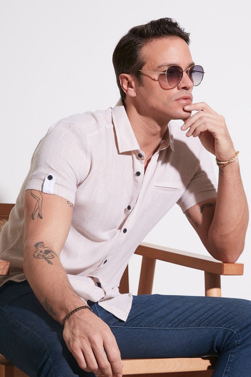 Buratti 100% Cotton Linen Look Slim Fit Short Sleeve Shirt Men's SHIRT CF21S111766 - Image 1