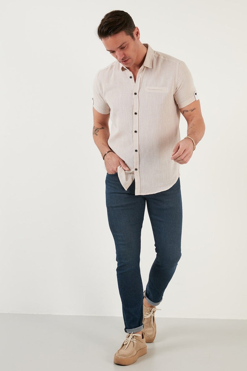 Buratti 100% Cotton Linen Look Slim Fit Short Sleeve Shirt Men's SHIRT CF21S111766 - Image 4
