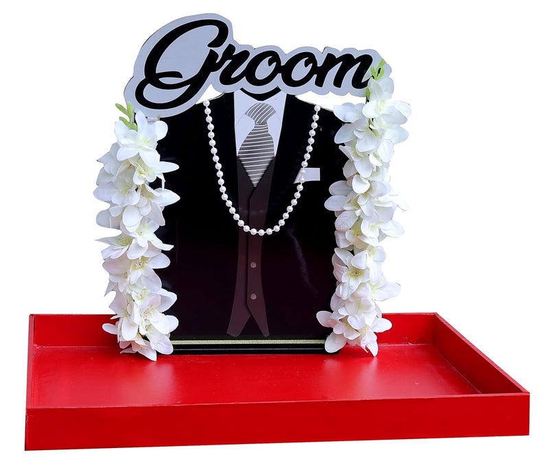 The Bride Made Multipurpose Gift Box for Groom Pine Wood 11x17 inch Red with Groom Cutout 10x12 inch