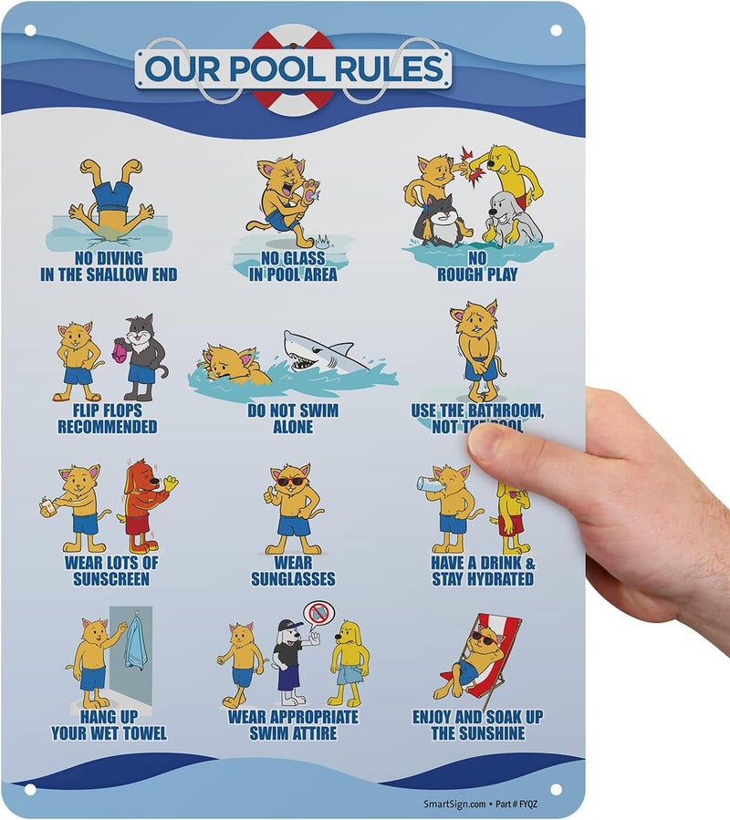 SmartSign 14" x 10" 'Our Pool Rules - Flip Flops Recommended, Have A Drink, Enjoy and Soak Up…' Metal Sign with Funny Graphics, Screen Printed, 40 mil Laminated Rustproof Aluminum, USA-Made - Image 2