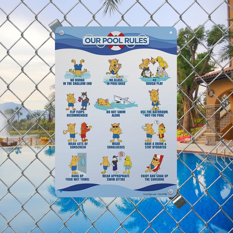 SmartSign 14" x 10" 'Our Pool Rules - Flip Flops Recommended, Have A Drink, Enjoy and Soak Up…' Metal Sign with Funny Graphics, Screen Printed, 40 mil Laminated Rustproof Aluminum, USA-Made - Image 3