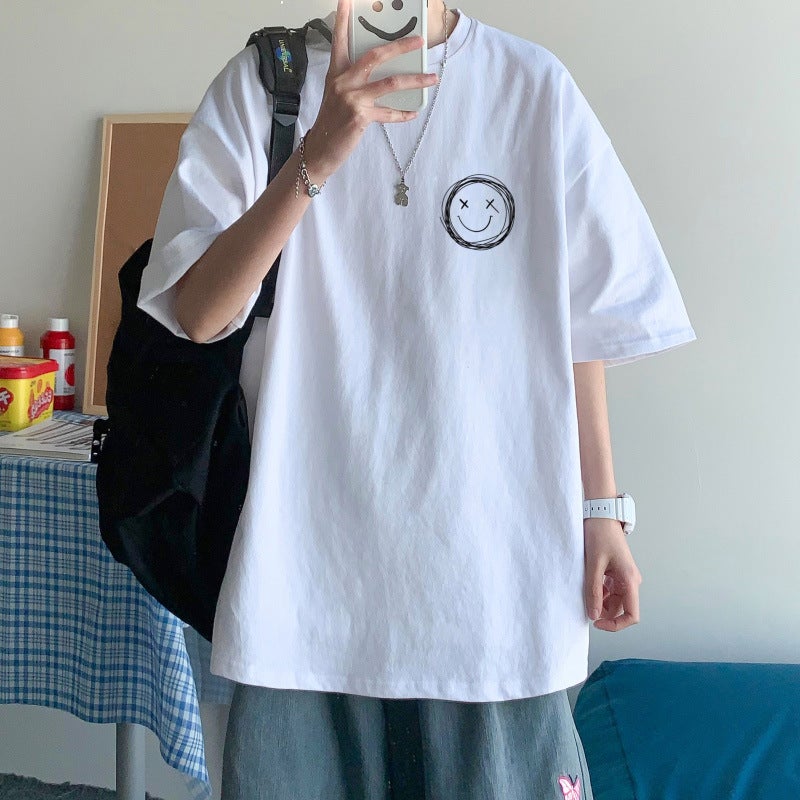 100 Cotton T-Shirt Men'S Loose Clothes Boys Short-Sleeved Ins Brand Five-Sleeved Fashionable Simple Casual Top - Image 2