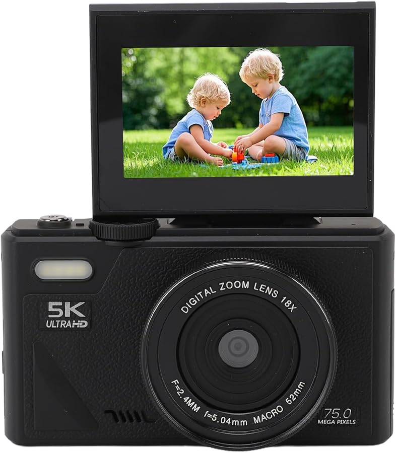 Black 5K Digital Camera 75MP HD 18X Zoom Autofocus Vlogging Camera with Flip Screen for Beginners - Image 1