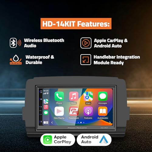 POWER ACOUSTIK وحدة رأس دراجة نارية بديلة Power Acoustik HD-14KIT 7" لدراجات هارلي-ديفيدسون السياحية 2014+، شاشة تعمل باللمس مقاومة للماء، Apple Carplay و Android Auto مع نظام GPS والملاحة وبلوتوث - Image 3