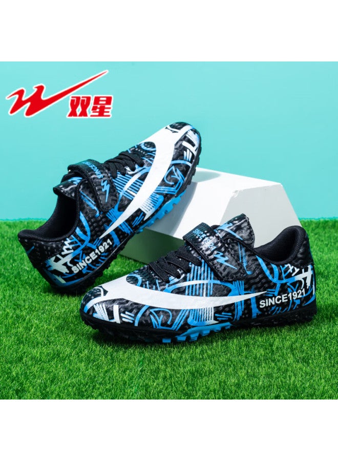 Shuangxing Children's Soccer Shoes Tf Turf Studs Velcro Non-slip Football Shoes Big Kids Training Match Sneakers Black Blue Size 36