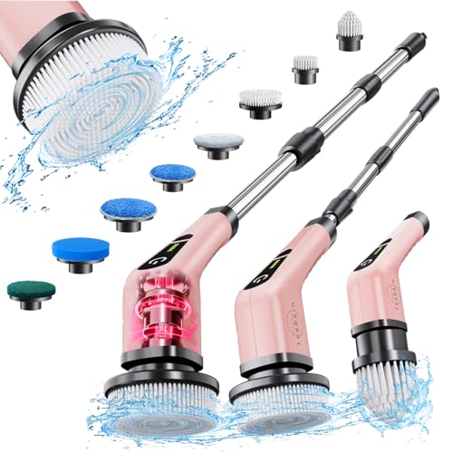 Leebein Electric Spin Scrubber Cordless Powerful Scrub Brush for Cleaning Bathroom Kitchen Shower Tub and Floor Tile with Adjustable Extension Long Handle and 8 Replaceable Brush HeadsRose
