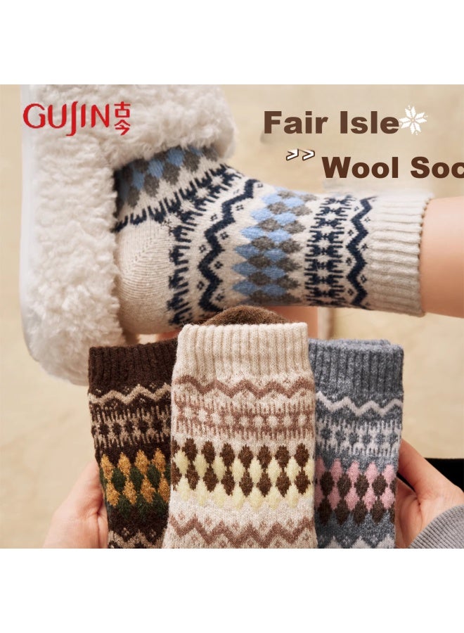 Gujin Fair Isle Wool Socks Women Mid-calf Autumn Winter New Year Cotton Warm Thick Cashmere Long Socks 4 Pairs - Image 1