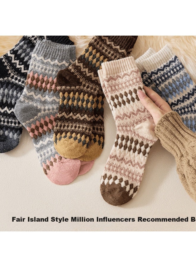 Gujin Fair Isle Wool Socks Women Mid-calf Autumn Winter New Year Cotton Warm Thick Cashmere Long Socks 4 Pairs - Image 3