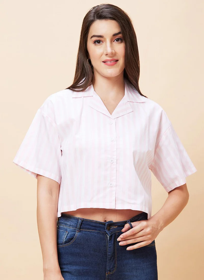 globus Globus Women White & Pink Striped Pure Cotton Shirt Style Crop Top