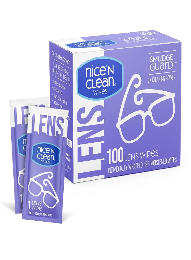 Nice 'N Clean Nice 'n Clean SmudgeGuard Lens Cleaning Wipes (100 Total Wipes) | Pre-Moistened Individually Wrapped Wipes | Non-Scratching & Non-Streaking | Safe for Eyeglasses, Goggles, & Camera Lens 