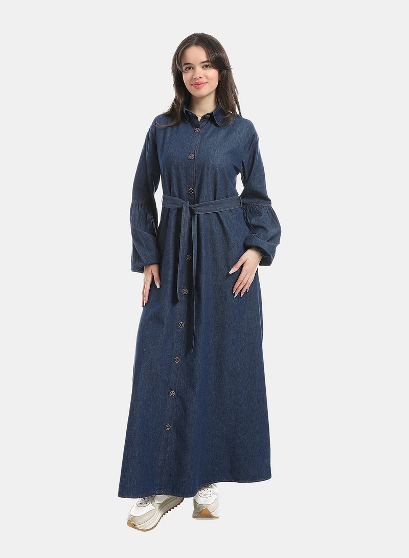 Andora Dark Blue Long Sleeves Buttons Closure Denim Dress_Blue - Image 1