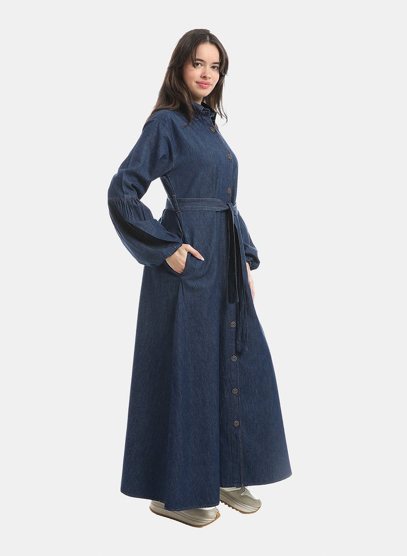 Andora Dark Blue Long Sleeves Buttons Closure Denim Dress_Blue - Image 2