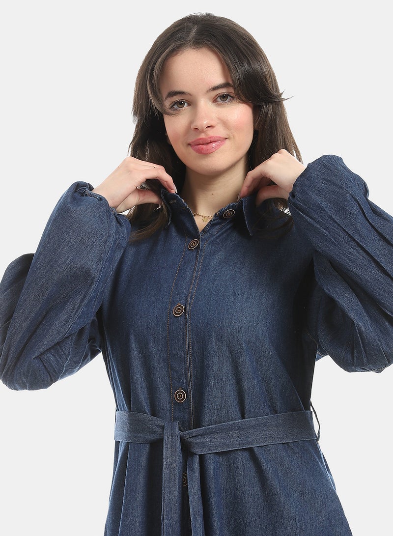 Andora Dark Blue Long Sleeves Buttons Closure Denim Dress_Blue - Image 5