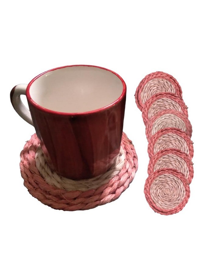 Benigncraft Handmade Banana Fiber Round Tea Coaster Set of 6 Pieces 10 Cm Diameter Dining Table Office Restaurant Coffee Shop. (6, red) - Image 1