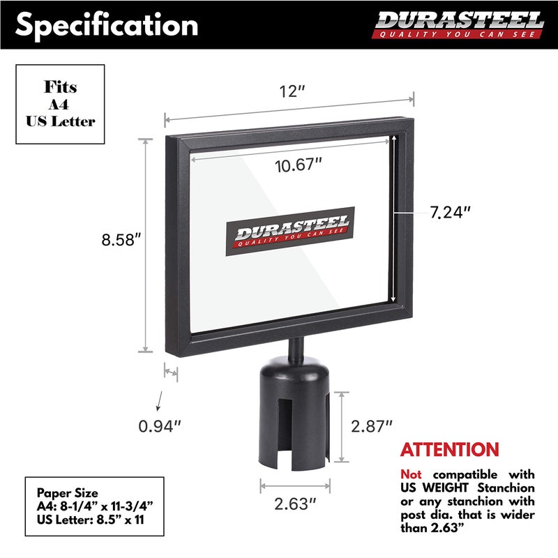 DuraSteel Stanchion Sign Holder - Landscape Display for 8.5" x 11" Paper Size - Double Sided Sign Frame with Plexiglass Cover - NOT Fit with US Weigh Sentry Stanchion - Crowd Control & Queue Barrier - Image 4