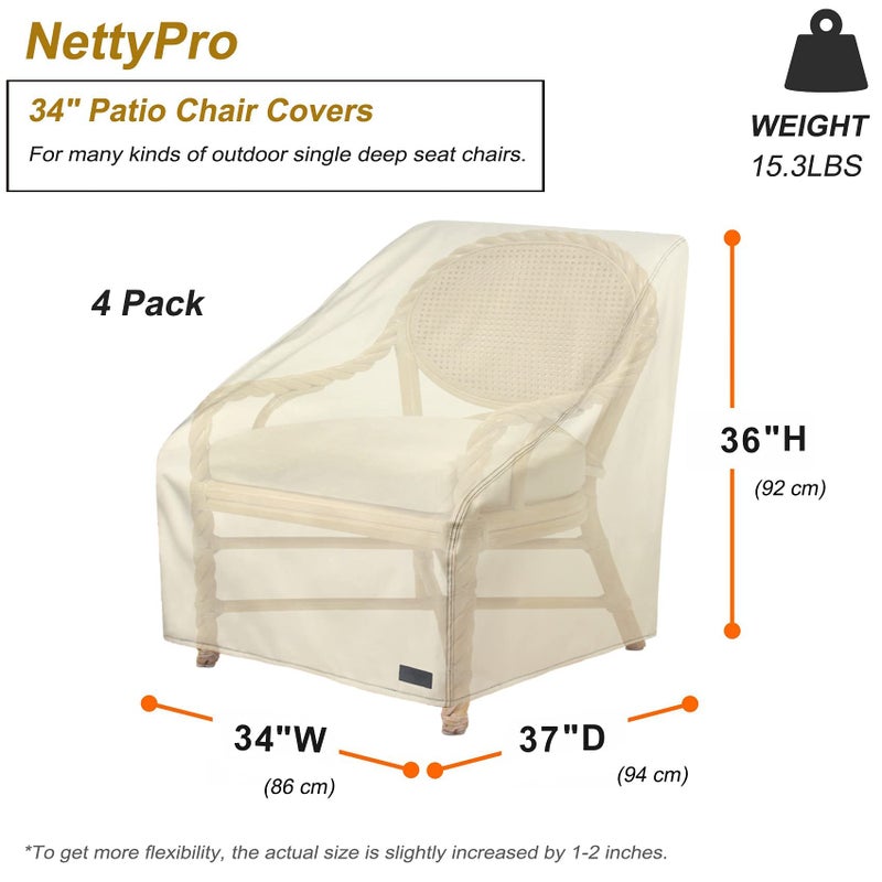 NettyPro Patio Chair Covers 34 Inch Waterproof 600D Heavy Duty Outdoor Seat Covers Set 4, Beige - Image 5