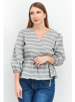Y.A.S Women Surplice Neck 3/4 Sleeve Stripe Wrap Front Tops, Grey  - Image 1