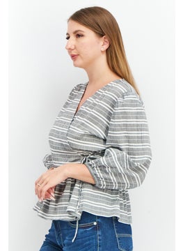 Y.A.S Women Surplice Neck 3/4 Sleeve Stripe Wrap Front Tops, Grey  - Image 3