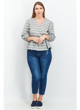 Y.A.S Women Surplice Neck 3/4 Sleeve Stripe Wrap Front Tops, Grey  - Image 2