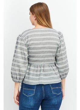 Y.A.S Women Surplice Neck 3/4 Sleeve Stripe Wrap Front Tops, Grey  - Image 4