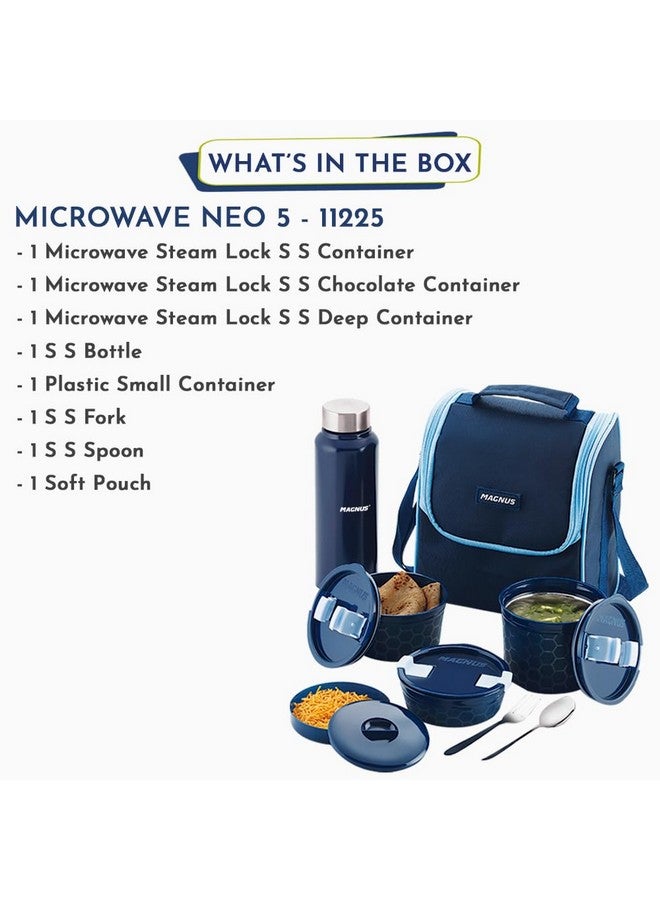 Magnus Magnus NEO 5 Lunch Tiffin with 3 Microwave Safe Steel Containers, Plastic Chutney Dabba, Steel Bottle, Spoon & Fork, Insulated Jacket - Ideal Lunch Box for Kids & Lunch Boxes for Office Men, Blue  - Image 2