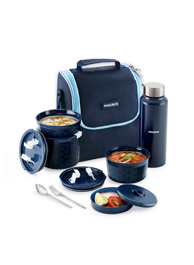 Magnus Magnus NEO 5 Lunch Tiffin with 3 Microwave Safe Steel Containers, Plastic Chutney Dabba, Steel Bottle, Spoon & Fork, Insulated Jacket - Ideal Lunch Box for Kids & Lunch Boxes for Office Men, Blue  - Image 1
