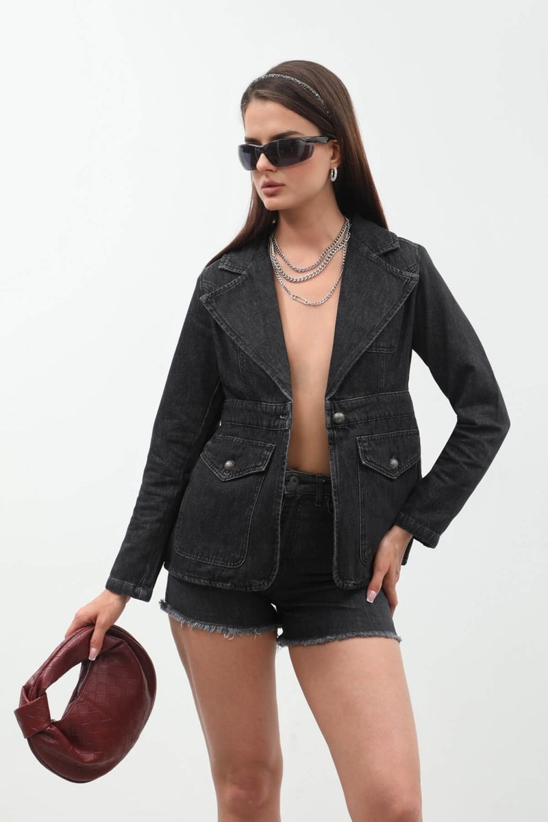 Banny Jeans Women Long Sleeve Single Button Jean Jacket Black - Image 3