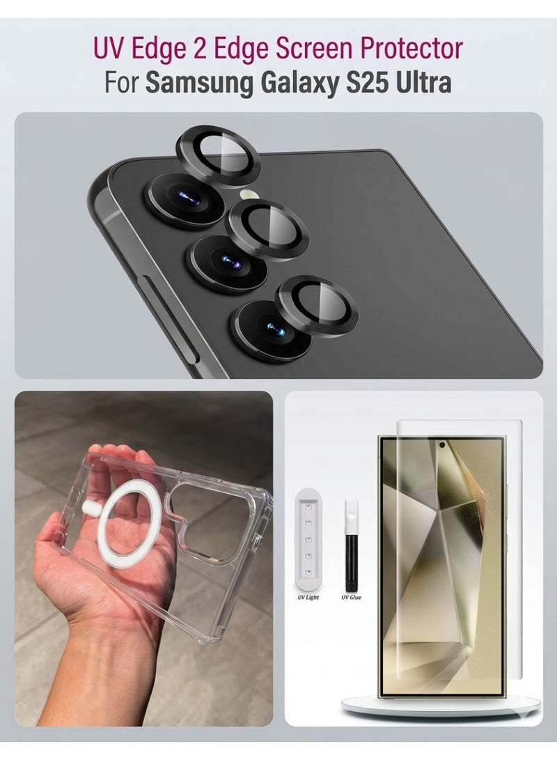 أتش أم سي جراب سامسونج جالاكسي إس 25 ألترا: حماية فائقة 3 في 1 - غطاء TPU شفاف مقاوم للصدمات مع [عبوتين] واقي شاشة من الزجاج المقوى وواقي عدسة الكاميرا - صلابة 9H، شفاف تمامًا - Image 1