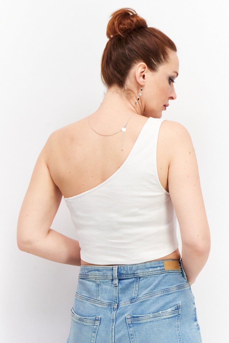 Sinsay Women Asymmetrical Neck Sleeveless Textured Crop Top, White  - Image 3