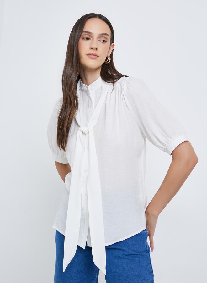 Styli Solid Tie Up Neck Puff Sleeve Blouse - Image 1
